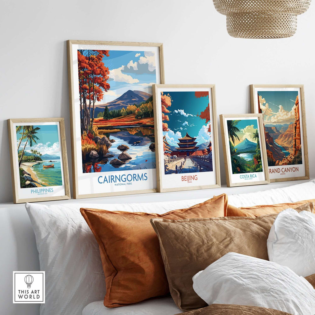 Cairngorms National Park wall art print showcased among other travel-themed artworks in a stylish interior setting.