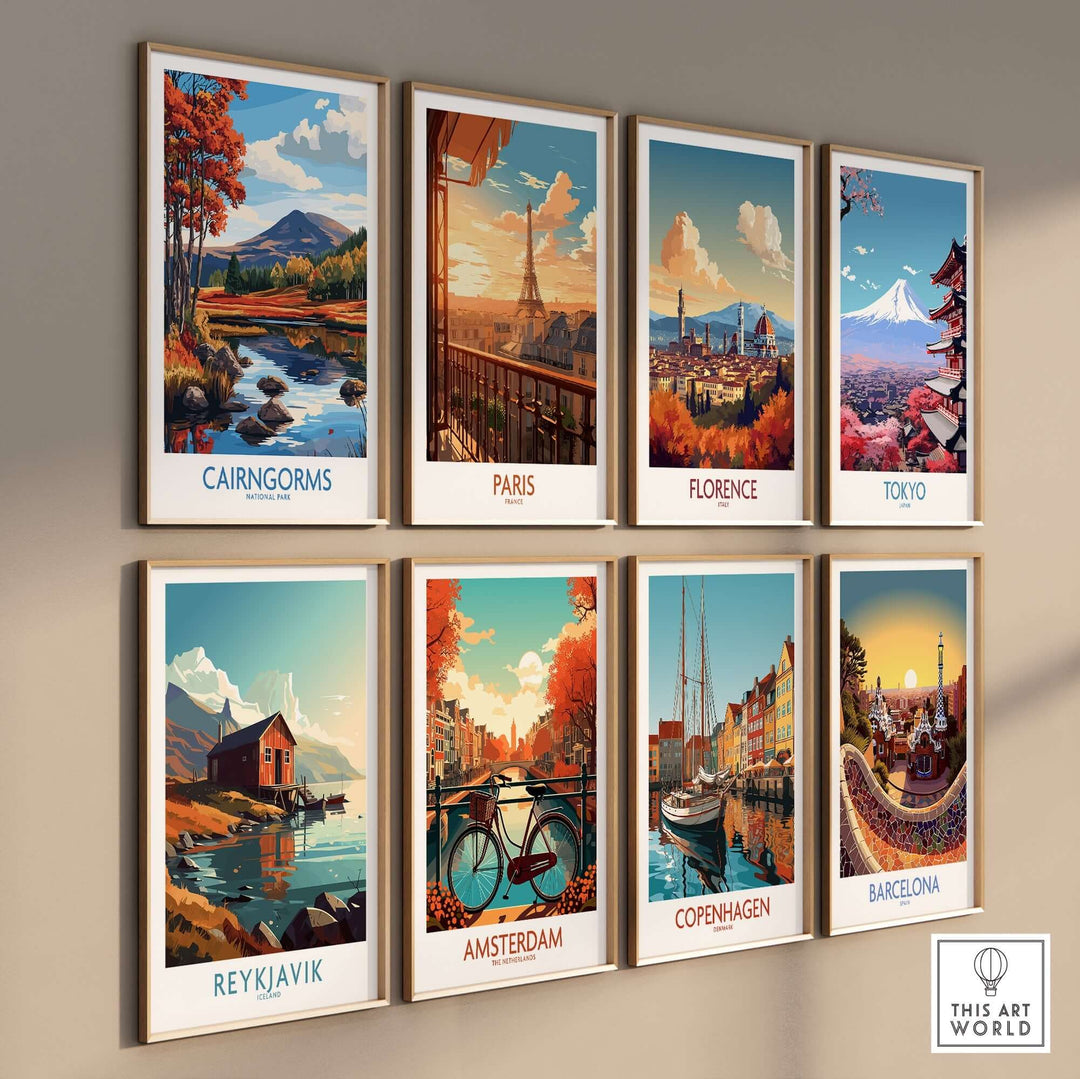 Wall art print collection featuring landscapes of Cairngorms, Paris, Florence, Tokyo, Reykjavik, Amsterdam, Copenhagen, and Barcelona.