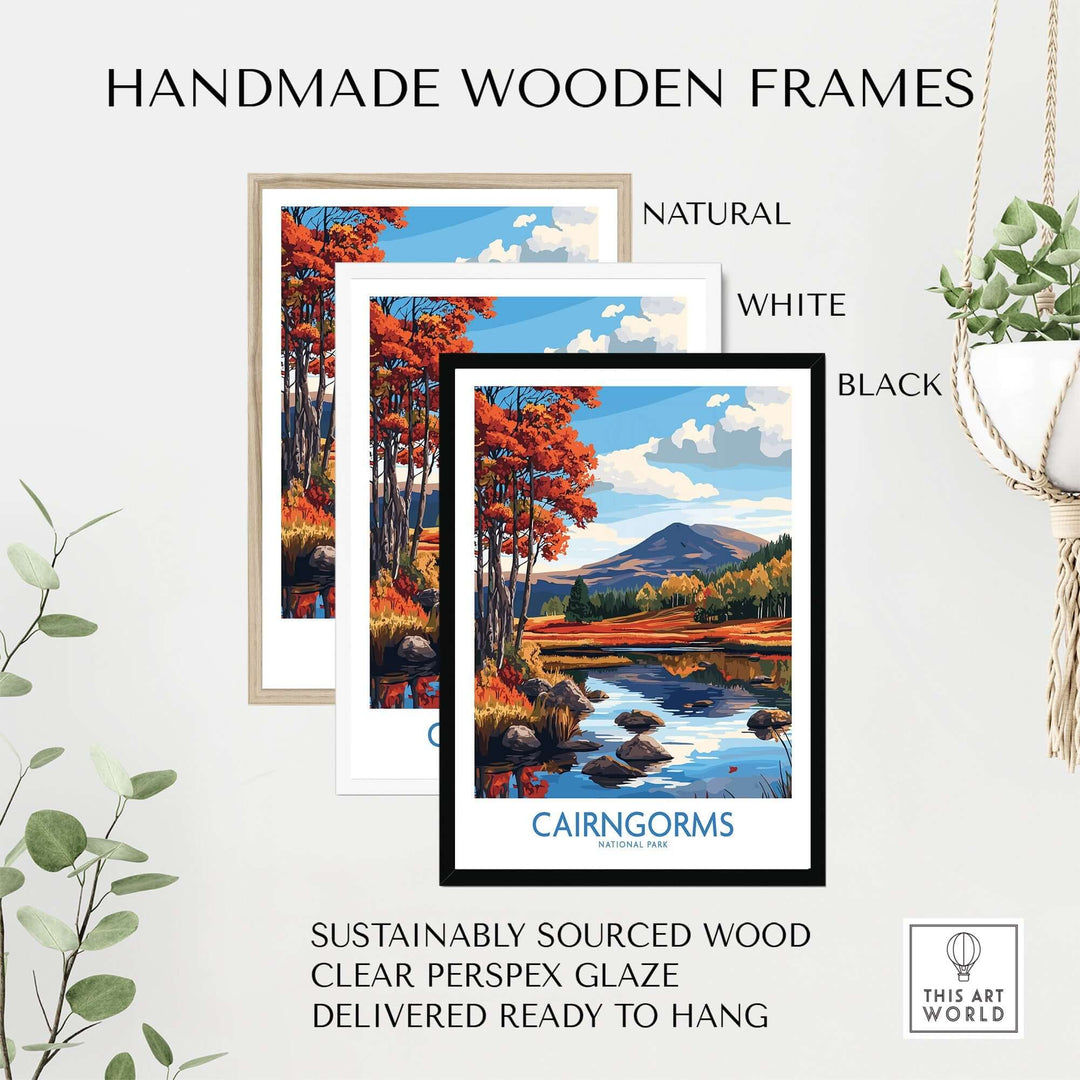 Handmade wooden frames in natural, white, and black for Cairngorms National Park wall art print, ready to hang.