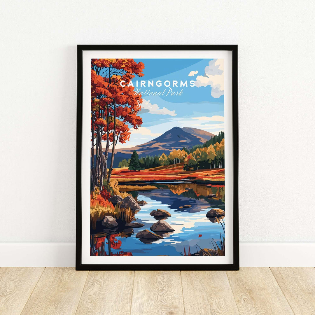 Cairngorms National Park wall art featuring vibrant autumn landscape and serene lake reflection in a framed design.