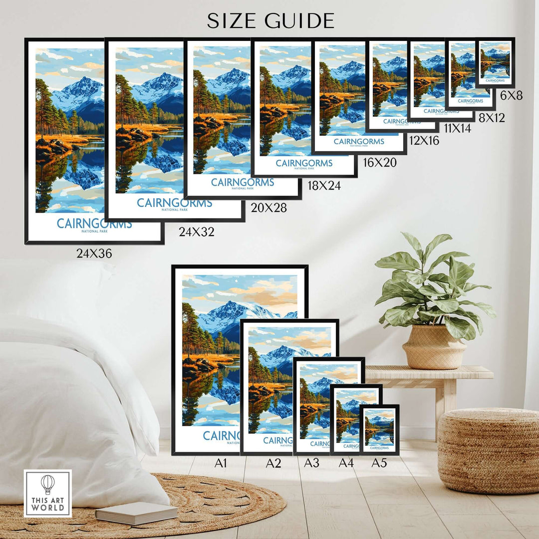 Size guide for Cairngorms National Park poster, showcasing frame dimensions and design options.