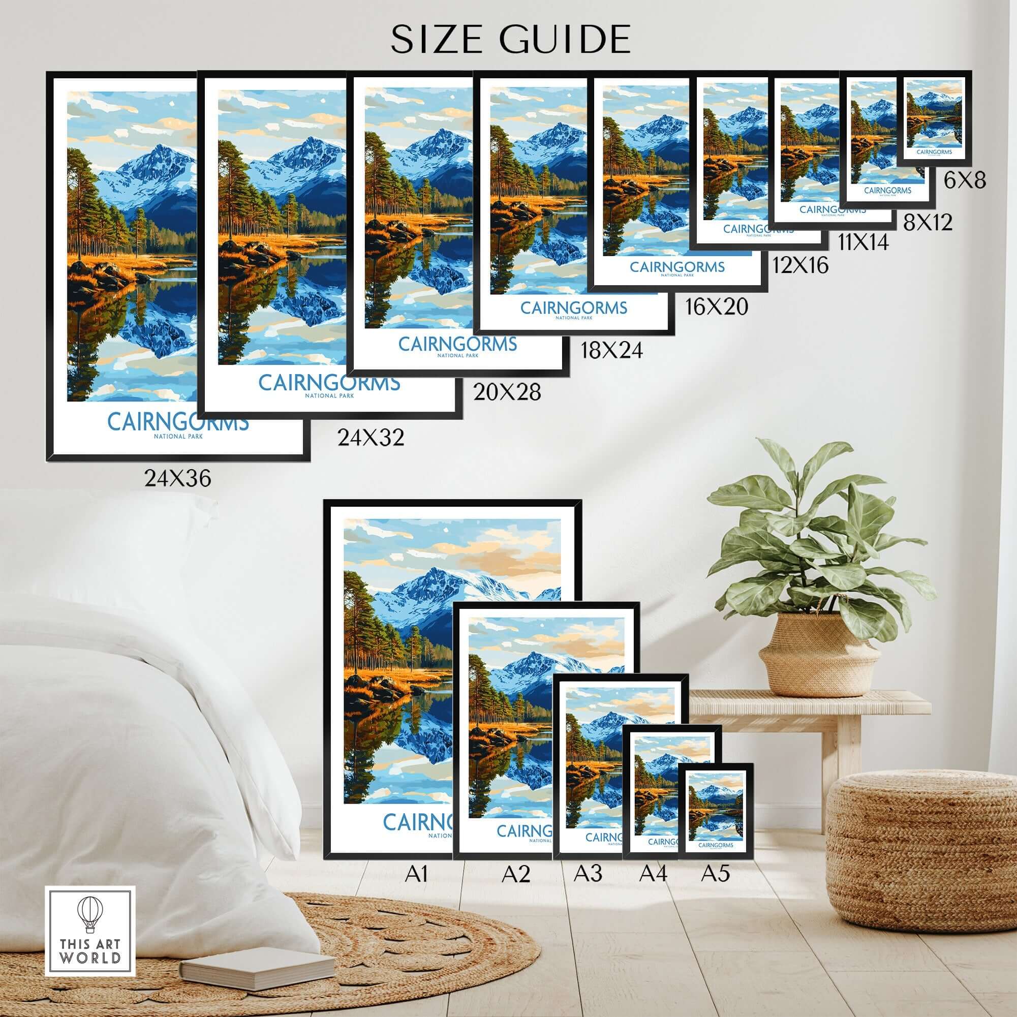 Cairngorms Poster National Park size guide with various framing options and scenic mountain views.
