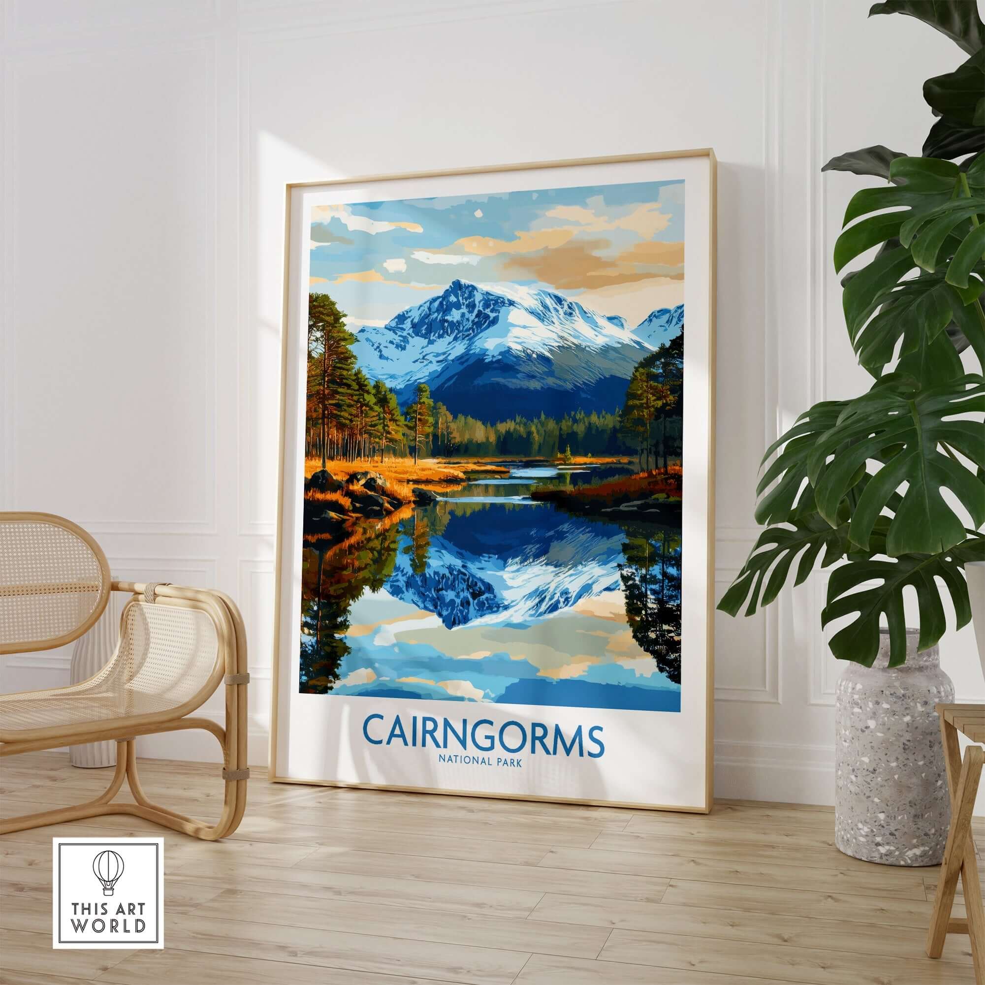 Cairngorms Poster National Park featuring scenic mountain and lake views in a stylish interior setting.
