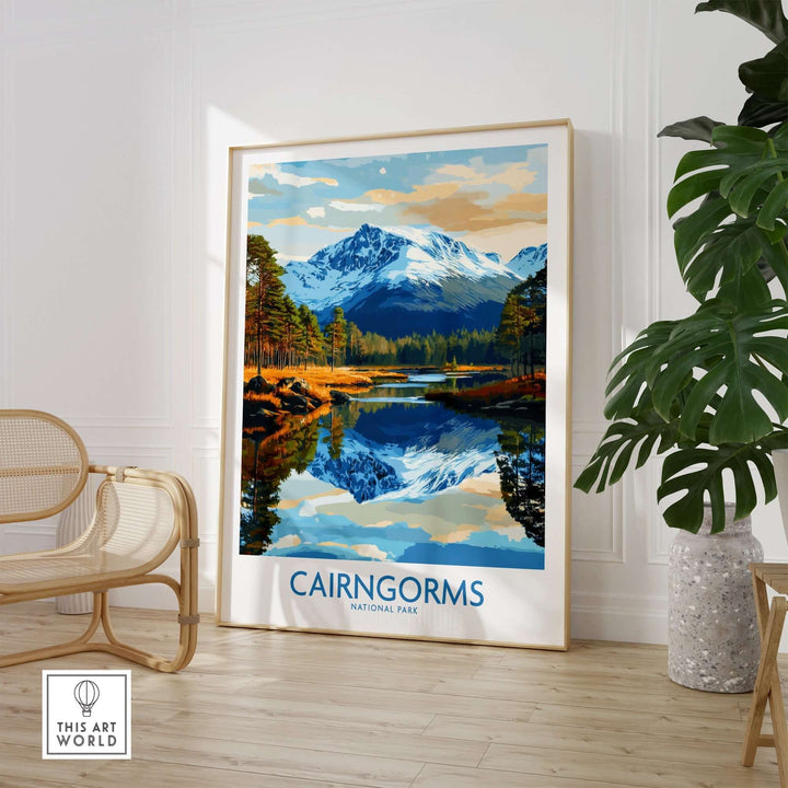 Cairngorms National Park poster featuring mountains and reflection in water, perfect for home decor.