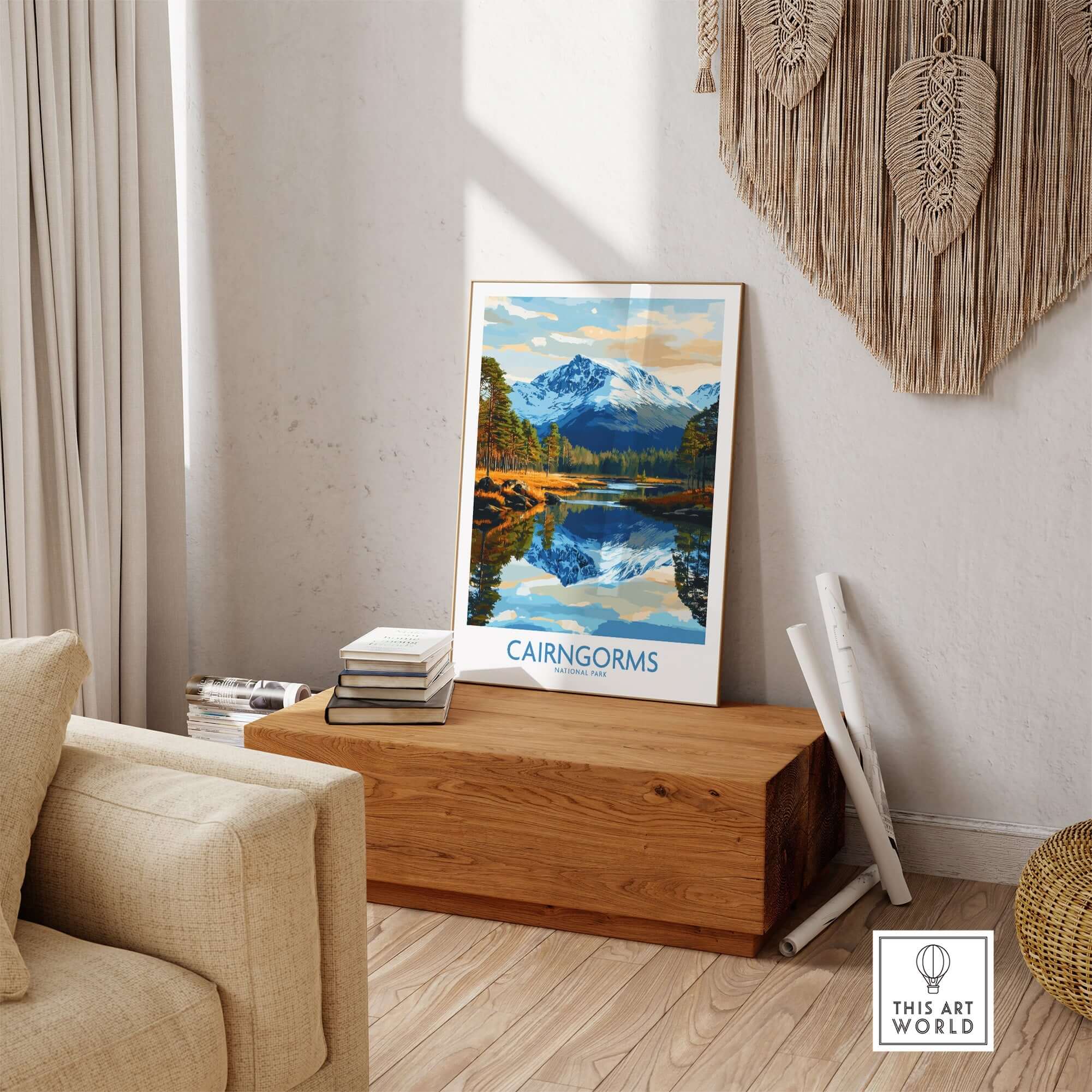 Cairngorms Poster National Park displayed in a cozy interior setting with mountain scenery.
