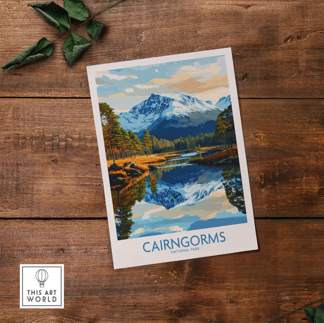 Cairngorms National Park poster showcasing a scenic landscape with mountains and reflections in a calm lake.