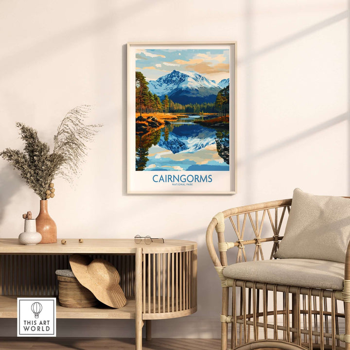 Cairngorms National Park poster displayed in a modern living room with natural decor and a mountain landscape.