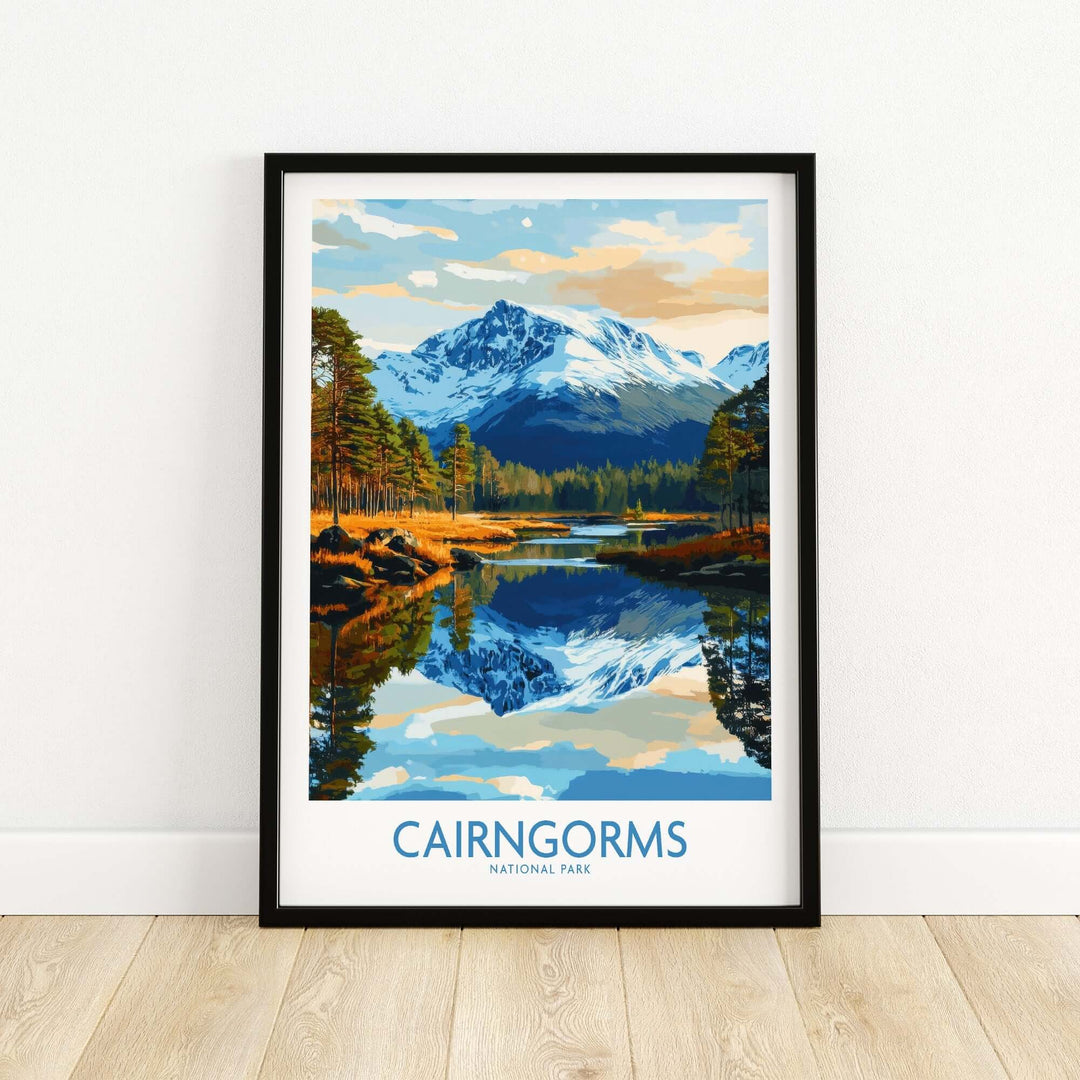 Cairngorms National Park poster featuring mountains and reflective waters in a vibrant landscape design.