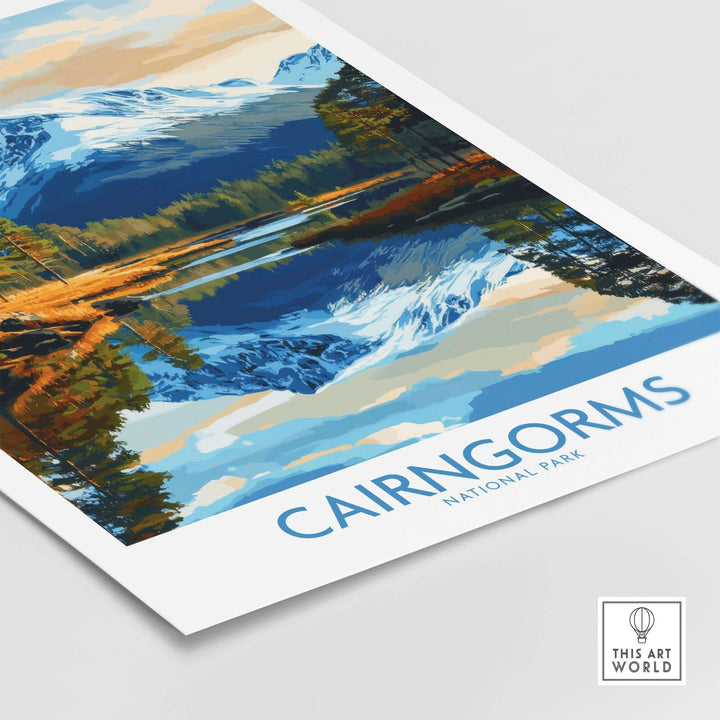 Cairngorms National Park poster featuring mountains and reflections in water, showcasing vibrant colors and serene landscapes.