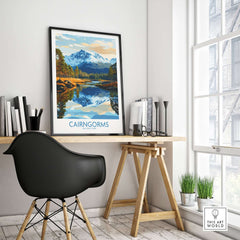 Cairngorms Poster National Park framed artwork showcasing mountainous reflections in a serene office setting.