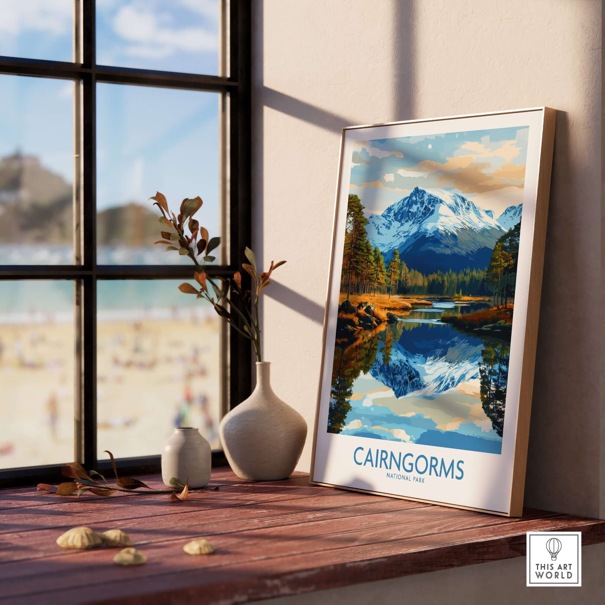 Cairngorms Poster National Park displayed on a wooden table near a window with scenic views of mountains and reflections.