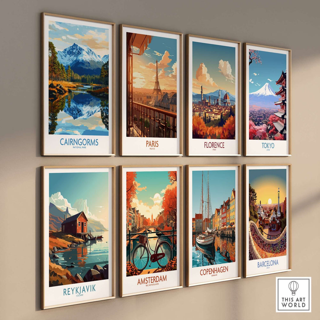 Colorful poster collection showcasing Cairngorms, Paris, Florence, Tokyo, Reykjavik, Amsterdam, Copenhagen, and Barcelona.