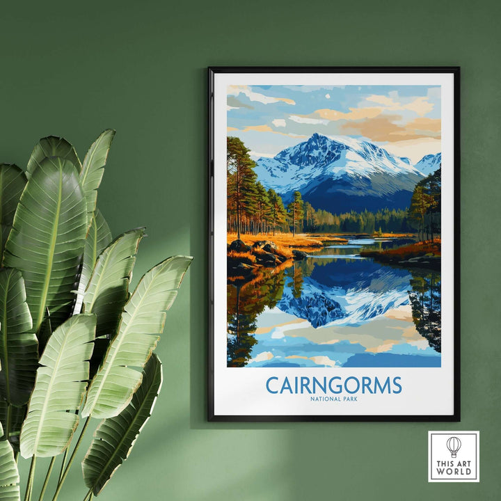 Cairngorms National Park poster featuring mountains and a lake, enhancing home decor with a vibrant landscape.