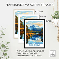Cairngorms Poster National Park in handmade wooden frames, showcasing natural beauty with sustainable materials.