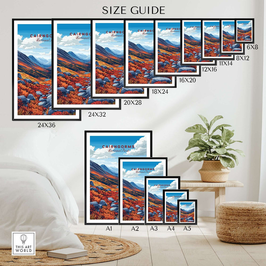 Cairngorms Print size guide showcasing various frame dimensions in a stylish room setting with vibrant colors.