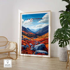 Cairngorms Print vibrant landscape artwork showcasing the majestic beauty of the Cairngorms mountain range.
