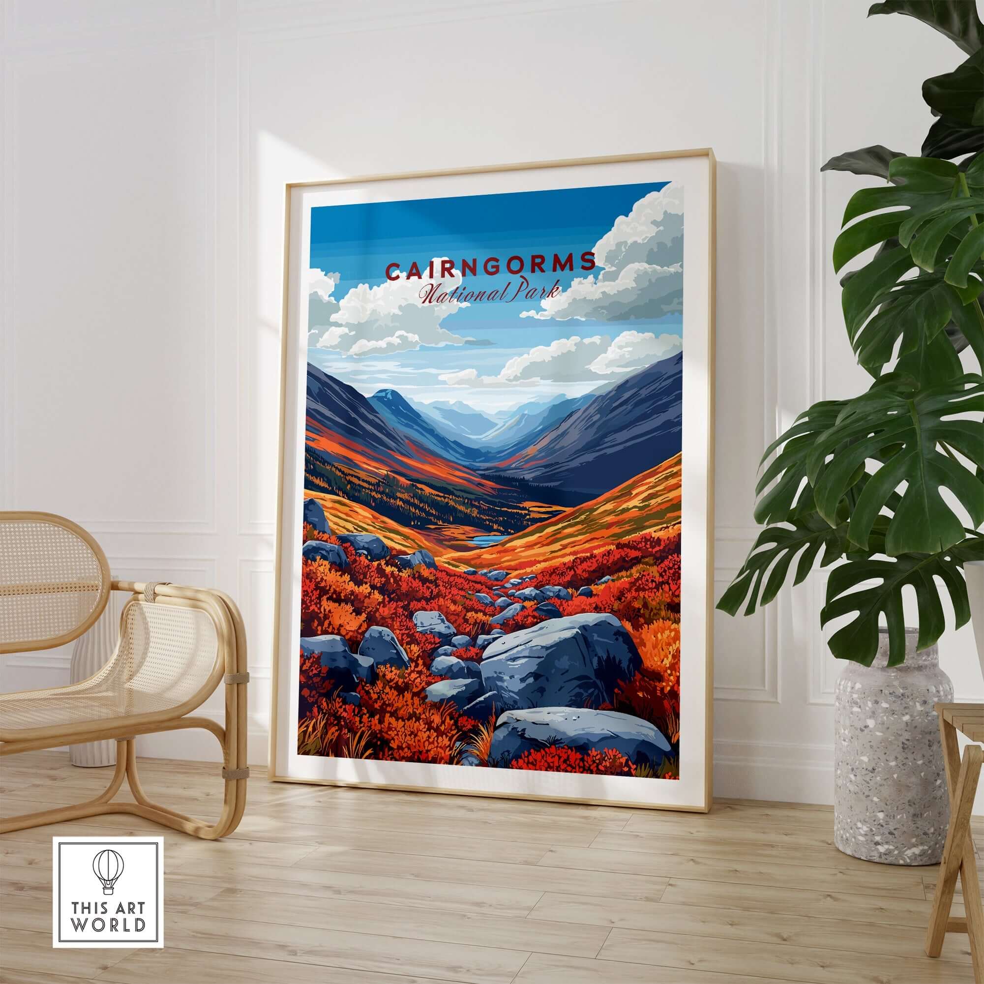 Cairngorms Print vibrant landscape artwork showcasing the majestic beauty of the Cairngorms mountain range.