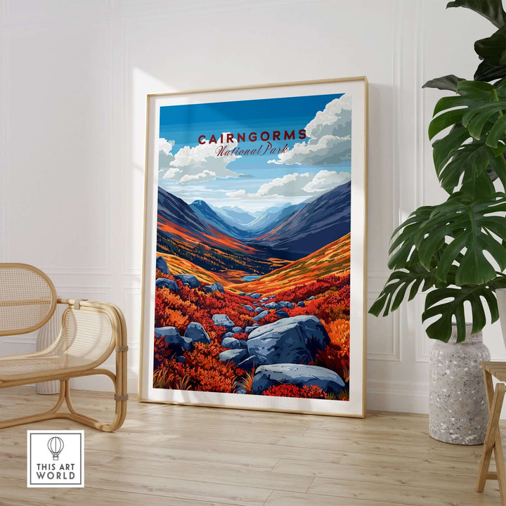 Cairngorms Print displayed in a modern interior, featuring vibrant landscapes and colorful autumn foliage.