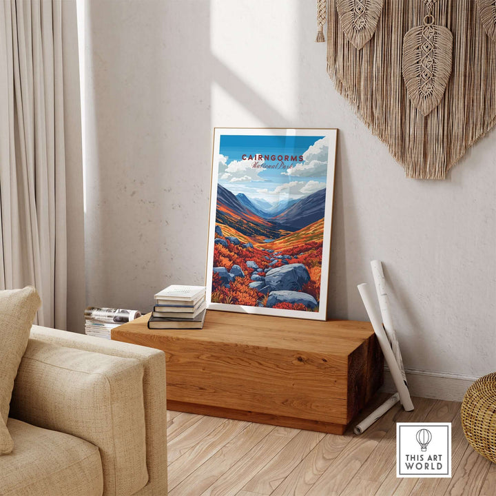 Cairngorms print displayed in a stylish living room setting, showcasing vibrant colors and scenic mountain landscape.