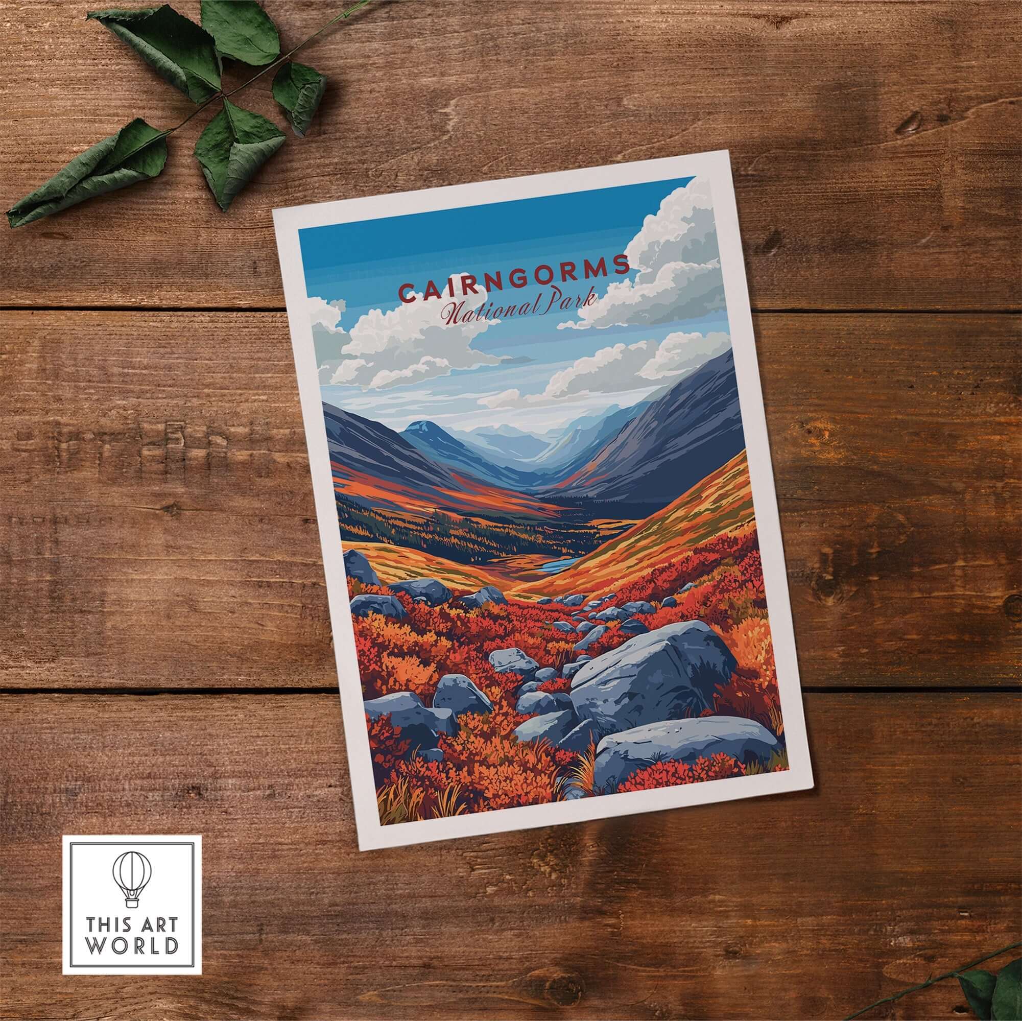 Cairngorms Print showcasing the stunning landscapes of the Cairngorms mountain range in vibrant colors.