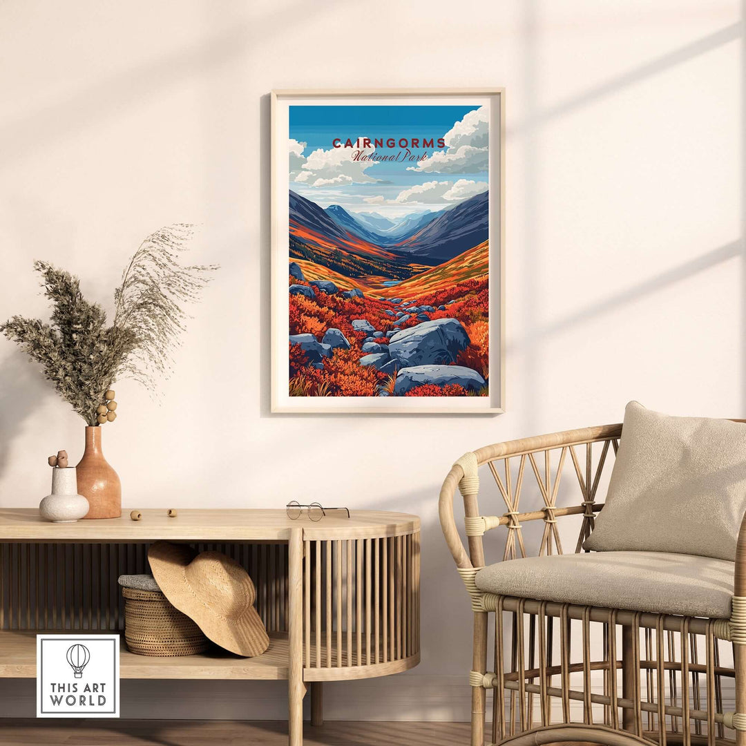 Cairngorms print framed on wall in stylish interior, showcasing vibrant colors and scenic mountain landscape.