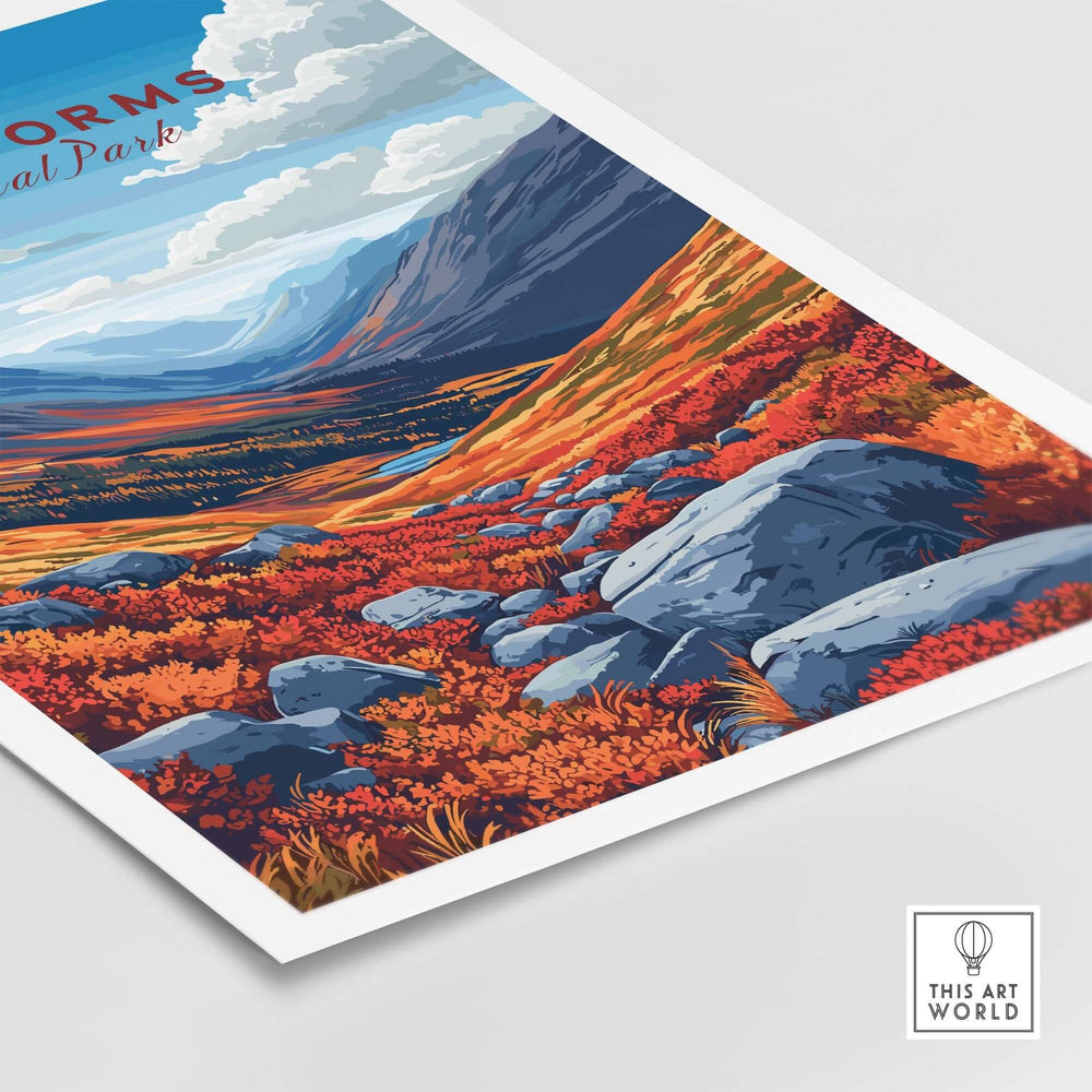 Cairngorms Print showcasing vibrant landscape with mountains, rocks, and autumn foliage in a beautiful art piece.