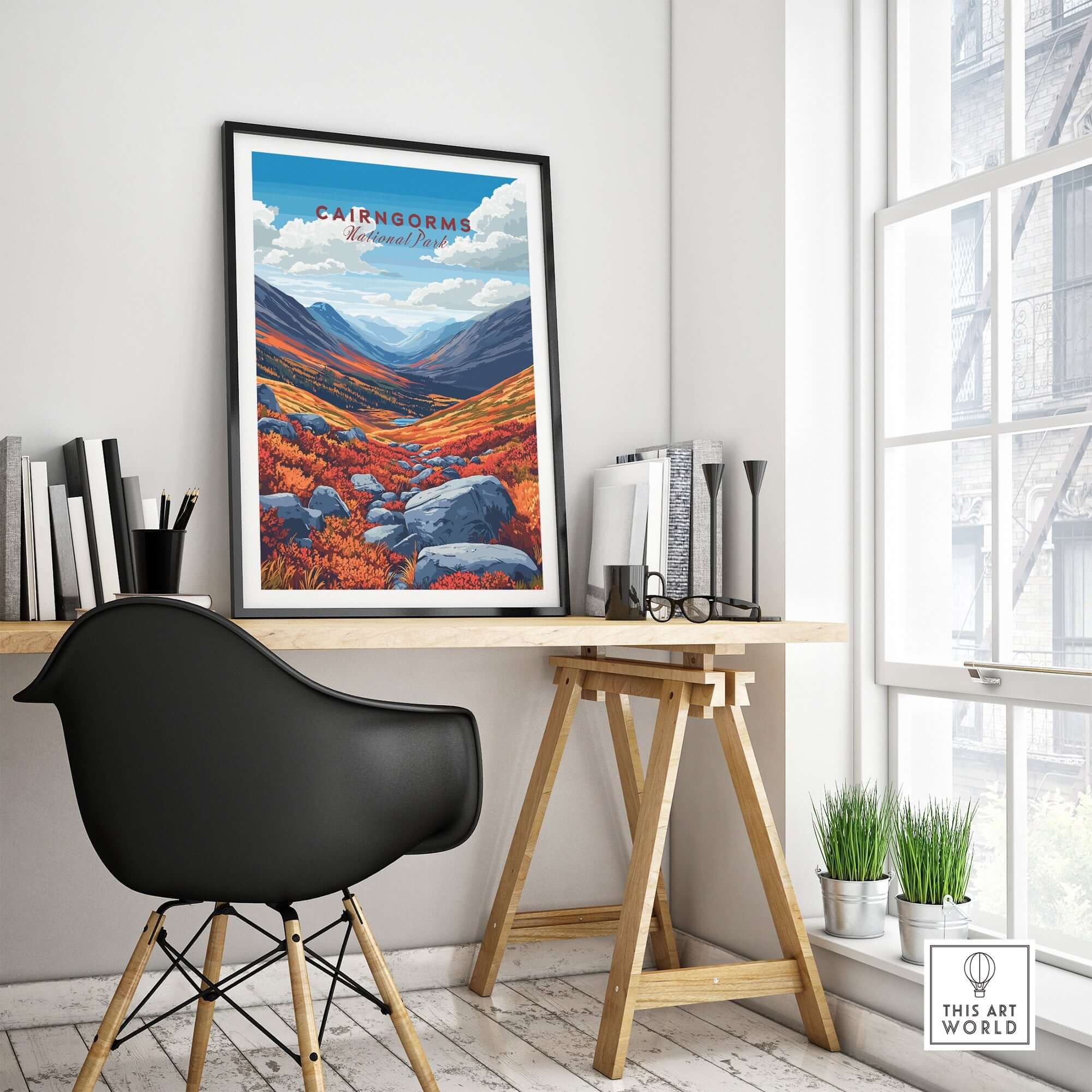 Cairngorms Print displayed in a stylish office setting, showcasing stunning Scottish mountain landscapes.