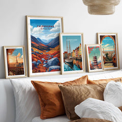 Cairngorms Print displayed among other vibrant travel art prints in a stylish home setting.