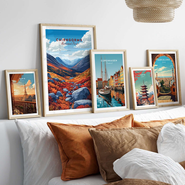 Cairngorms print displayed among framed art pieces in a cozy living room setting with decorative pillows.