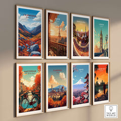A collection of framed prints including Cairngorms Print, showcasing iconic landmarks and stunning landscapes.