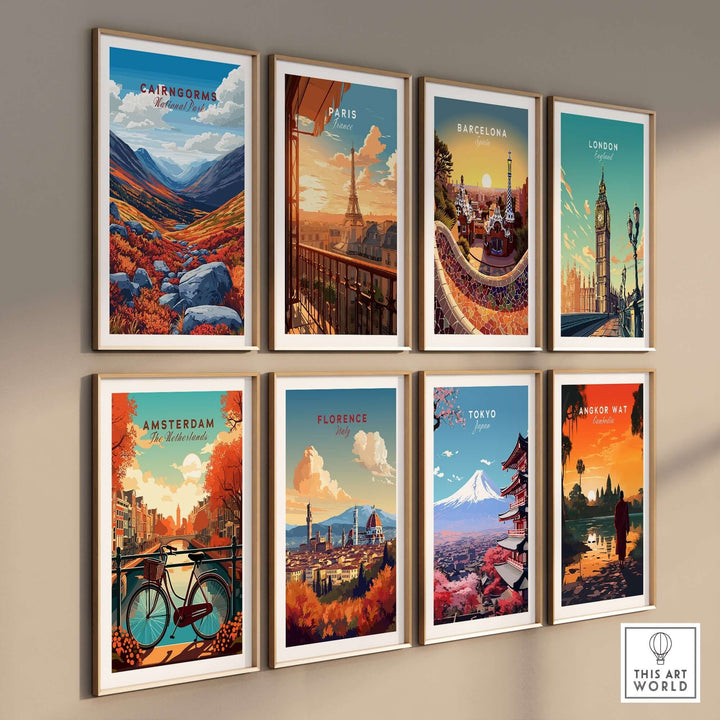 Vibrant collection of city prints including Cairngorms on a stylish wall display showcasing global landmarks.