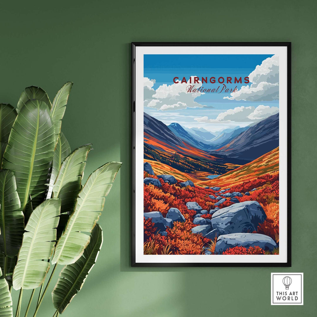 Cairngorms Print depicting vibrant mountains and autumn landscapes in a stylish frame on a green wall.