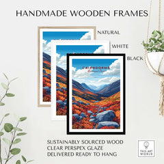 Cairngorms Print displayed in handmade wooden frames in natural, white, and black colors.