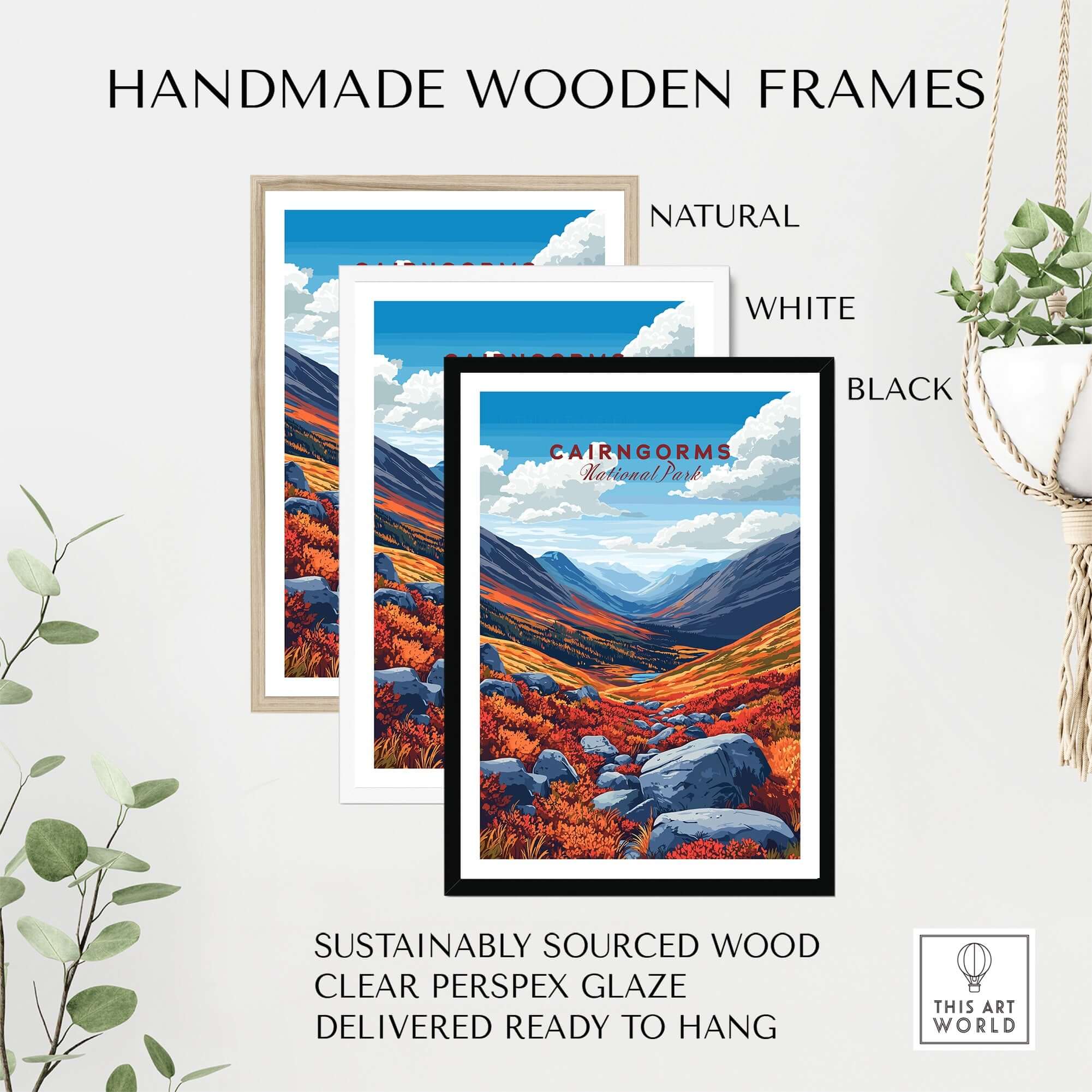 Cairngorms Print displayed in handmade wooden frames in natural, white, and black colors.