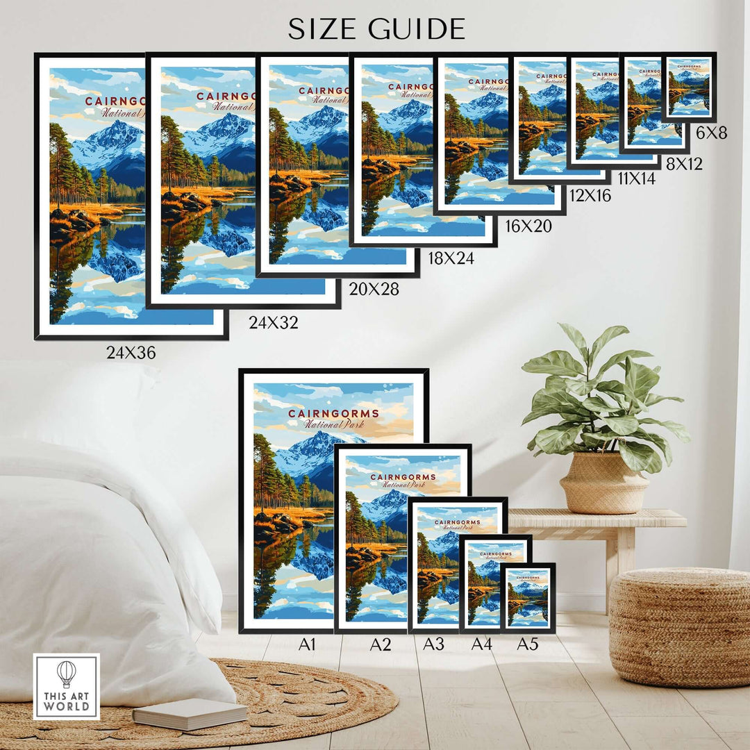 Cairngorms Print size guide showcasing various frame sizes for a national park artwork. Perfect for home decor.