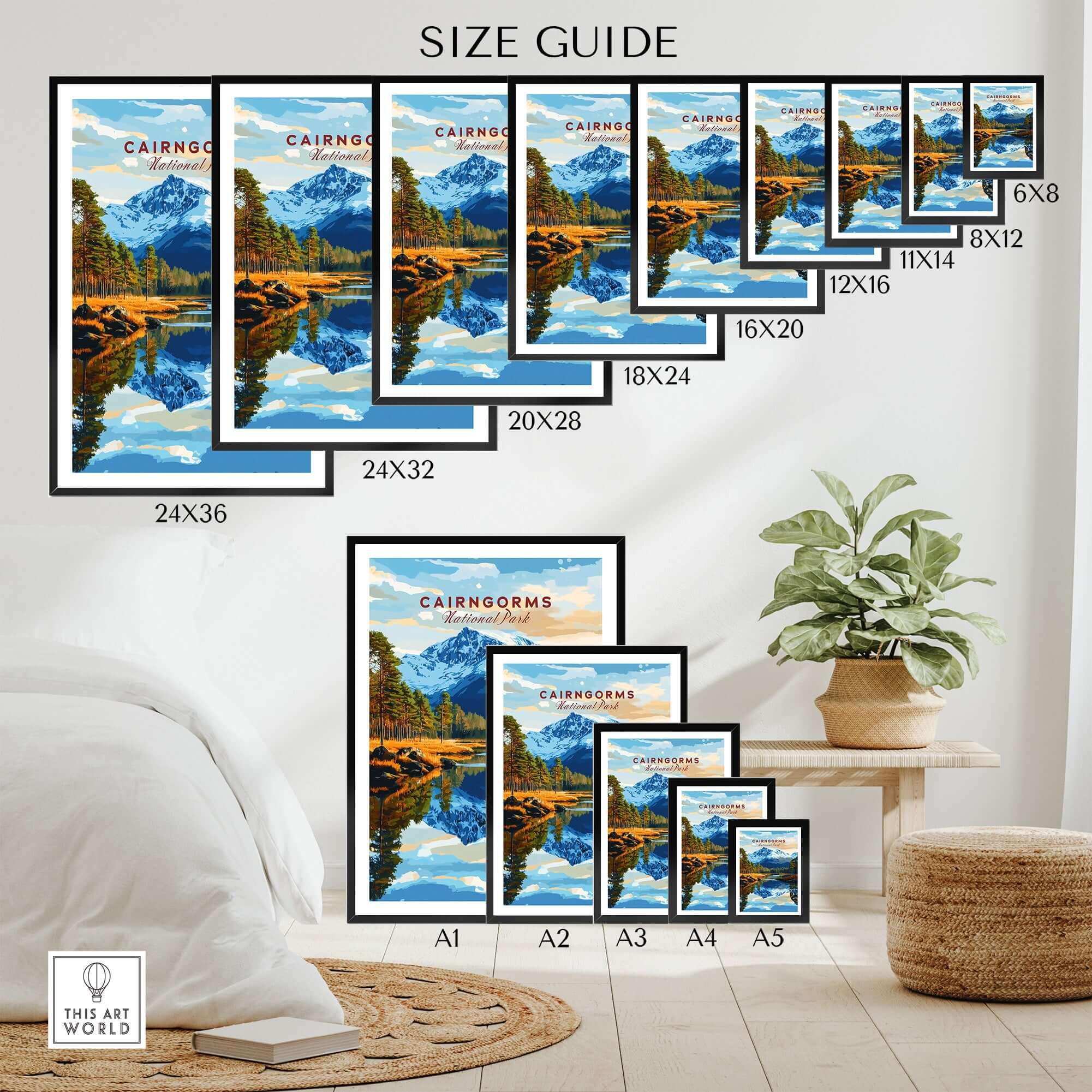 Cairngorms Print National Park size guide with various print dimensions displayed in a stylish interior setting.
