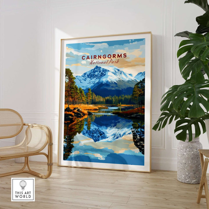 Cairngorms National Park print displaying mountains and reflections, framed in a modern interior setting.