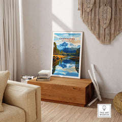 Cairngorms Print National Park displayed in a stylish home interior with stunning landscape artwork.