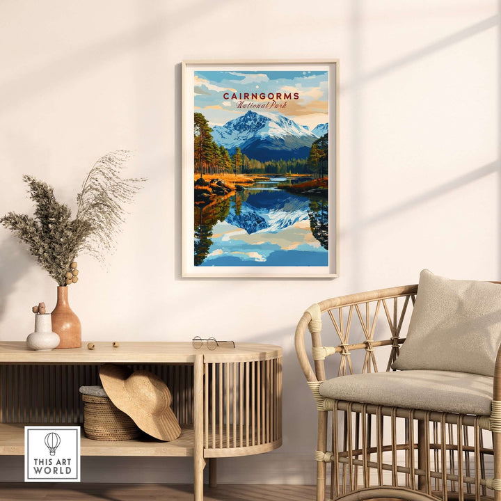 Cairngorms National Park print displayed in a cozy living room setting, showcasing mountains and reflections in water.