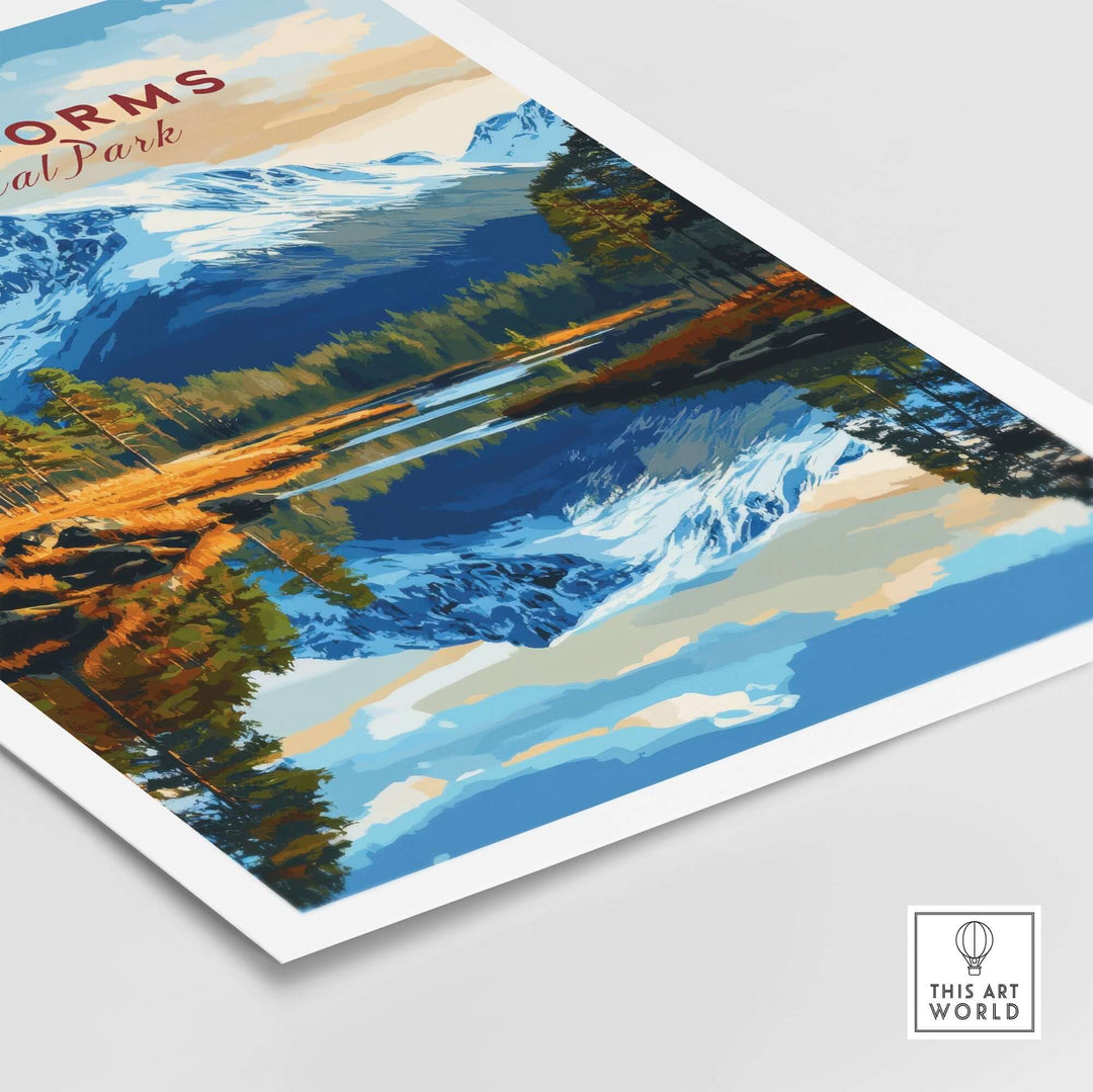 Cairngorms National Park print featuring vibrant mountains and reflections on water, perfect for nature lovers.