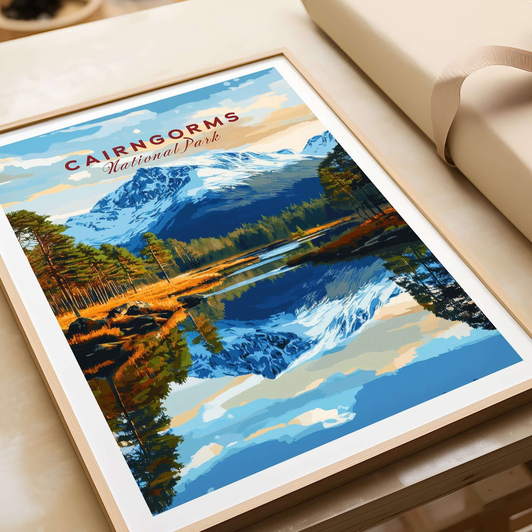 Cairngorms National Park print featuring a vibrant landscape with mountains and reflections in water. Ideal for nature lovers' decor.