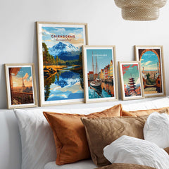 Cairngorms Print National Park framed artwork displayed in a cozy living room setting with other city prints.