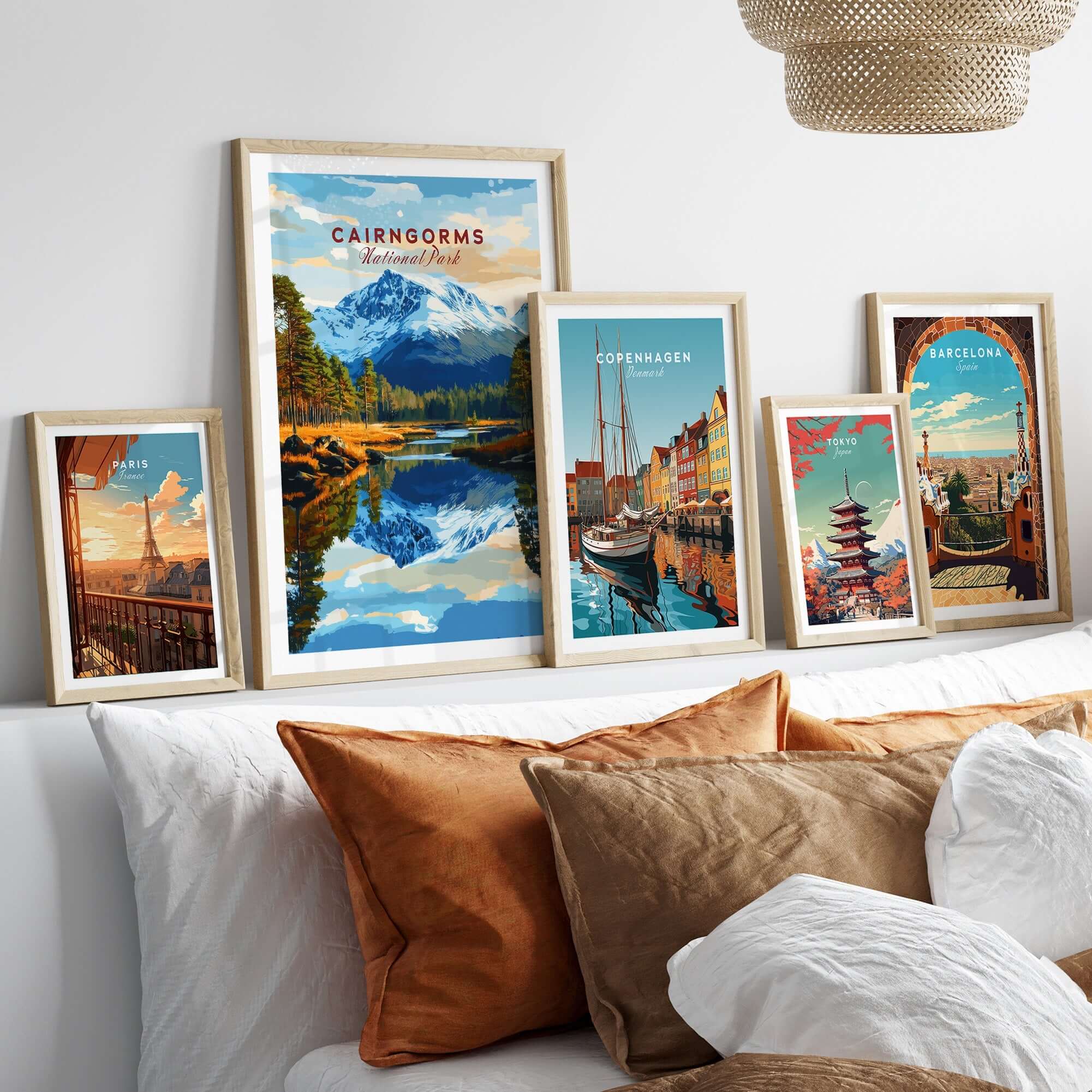 Cairngorms Print National Park framed artwork displayed in a cozy living room setting with other city prints.