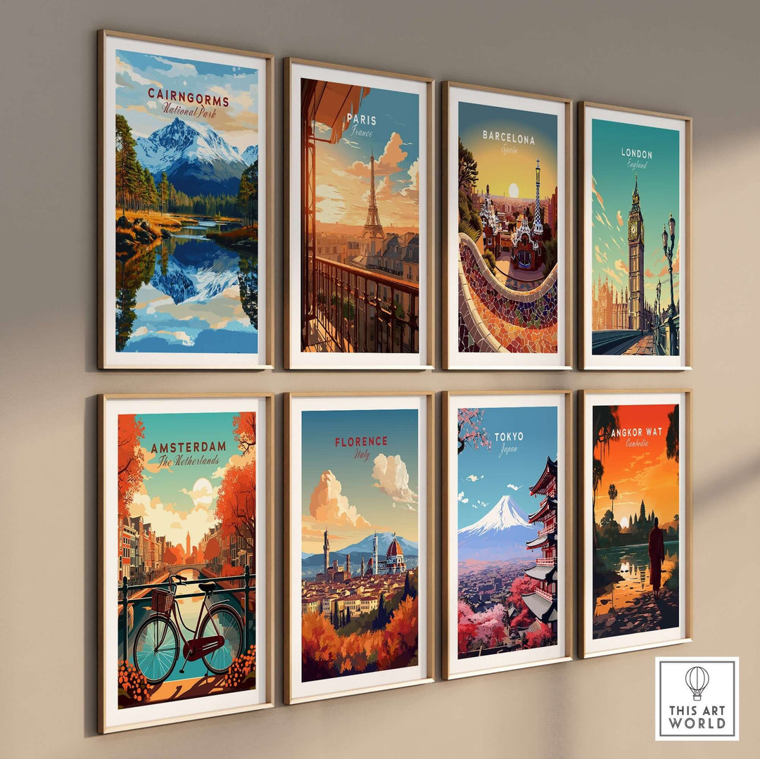 Colorful wall display of travel prints featuring Cairngorms, Paris, Barcelona, London, Amsterdam, Florence, Tokyo, and Angkor Wat.