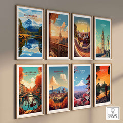 Cairngorms Print National Park poster among scenic city prints on a gallery wall in a stylish home setting.