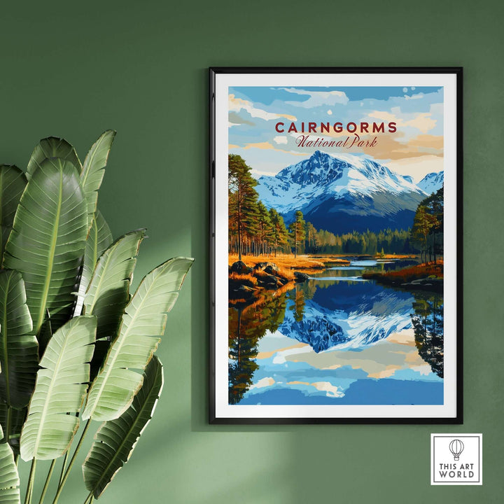 Cairngorms National Park print featuring snowy mountains and reflecting water, ideal for nature lovers' decor.