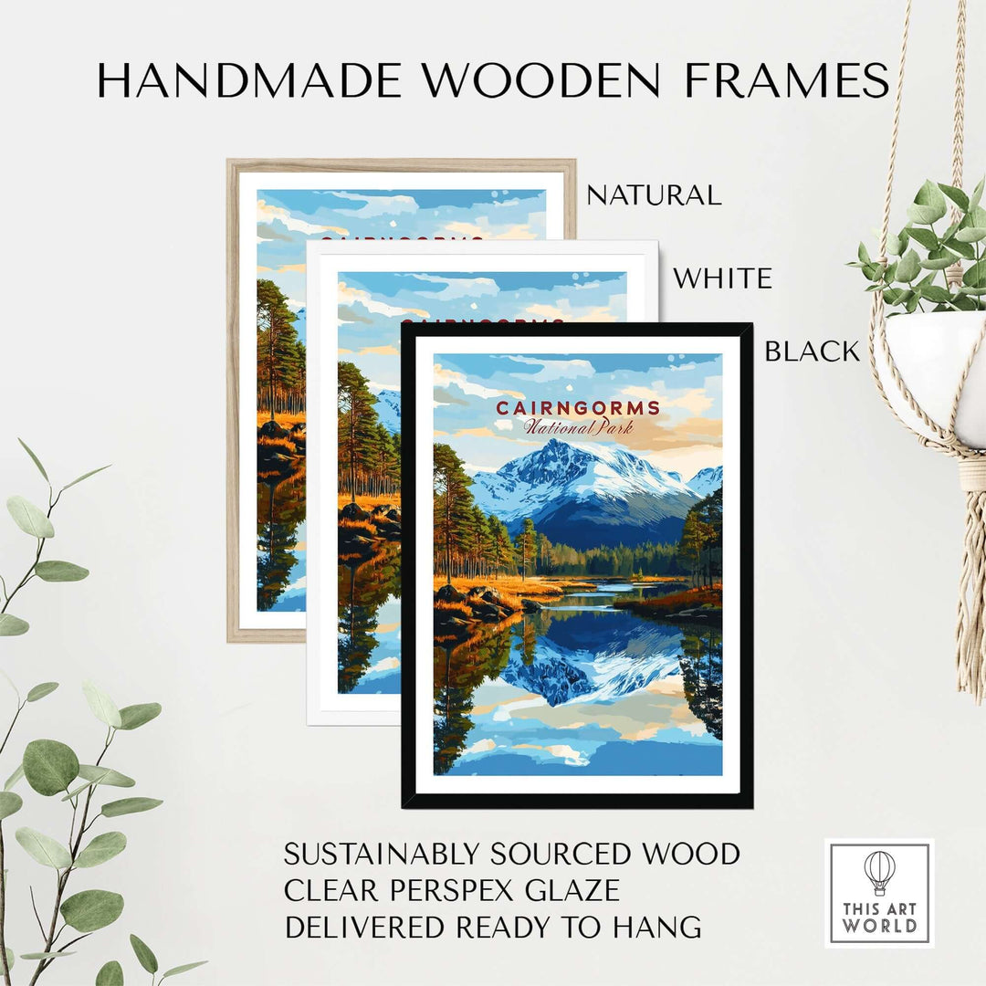 Handmade wooden frames in natural, white, and black styles featuring Cairngorms National Park print, sustainably sourced wood.