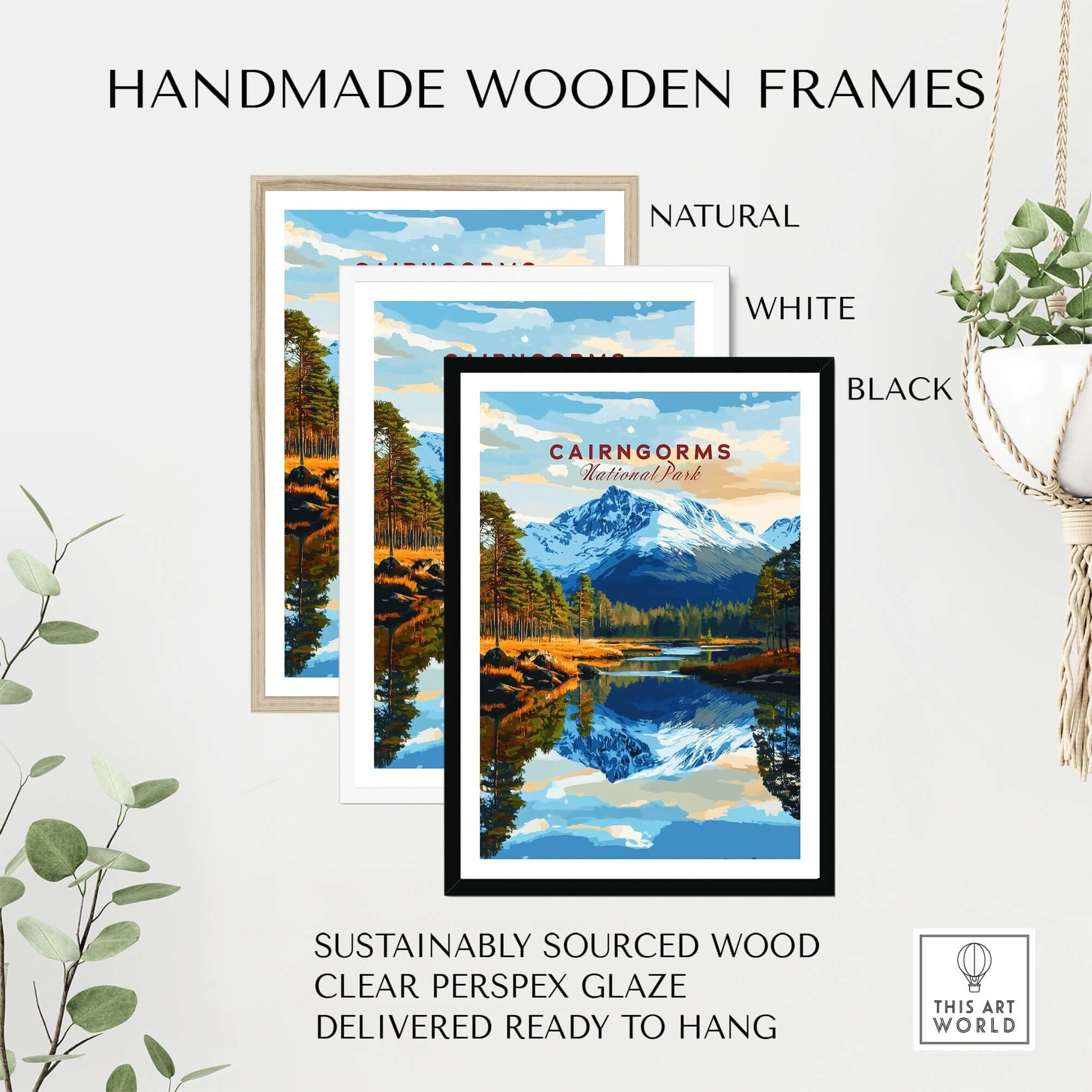 Handmade wooden frames showcasing Cairngorms Print National Park in natural, white, and black finishes.