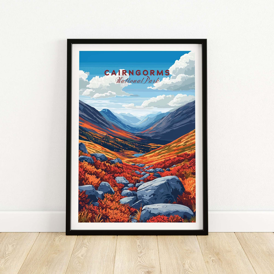 Cairngorms National Park print featuring a vibrant valley landscape with colorful foliage and dramatic mountains.