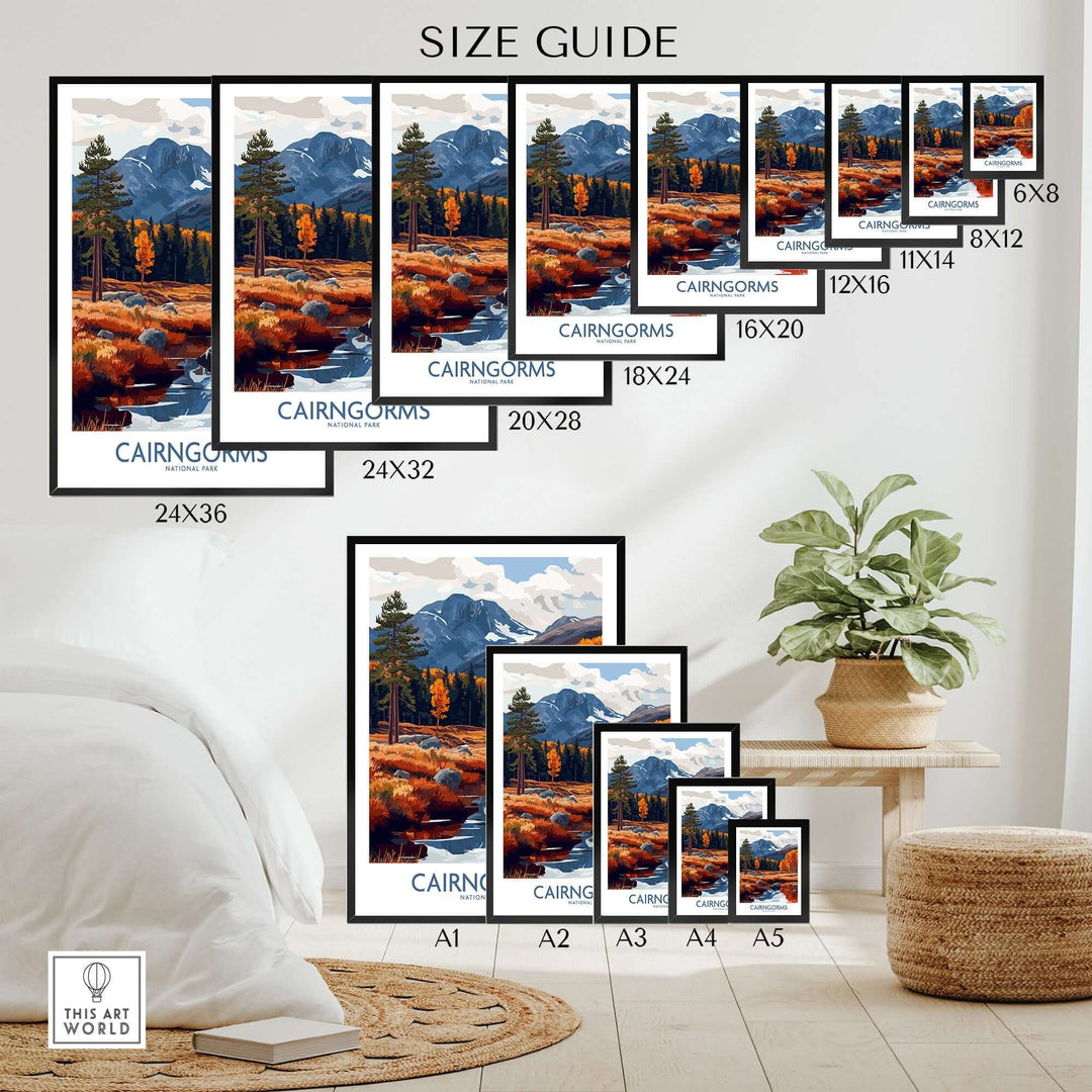 Size guide for Cairngorms travel poster showcasing various frame dimensions in a cozy interior setting.